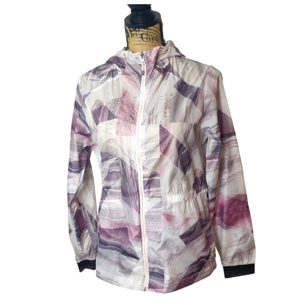 Salewa Womens Windbreaker M Pink Ppl Abstract Runners Lightweight Hooded Jacket